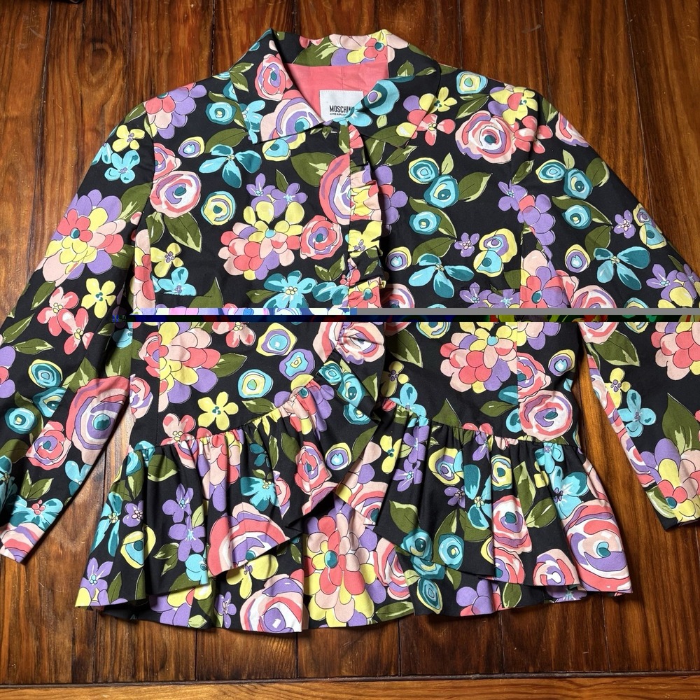 Vtg MOSCHINO CHEAP AND CHIC Colorful Floral Peplum Ruffle Jacket Sz 10 A1147